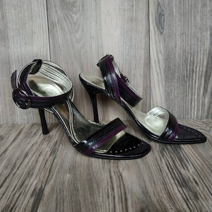 Vintage black purple open toe high heel shoes. Glamorous black elegant women pumps. Ladies holiday slingback sandals Gift for Christmas