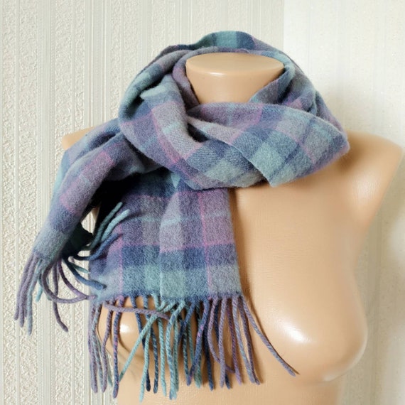 Vintage blue lambswool scarf, Tartan wool scarf w… - image 6
