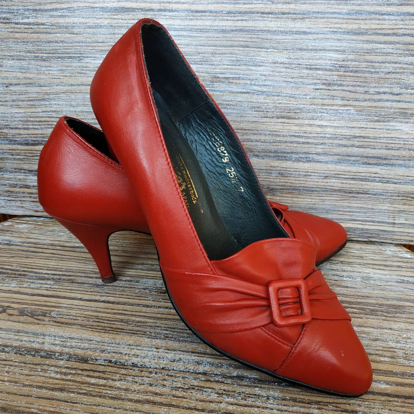 red leather pumps mid heel