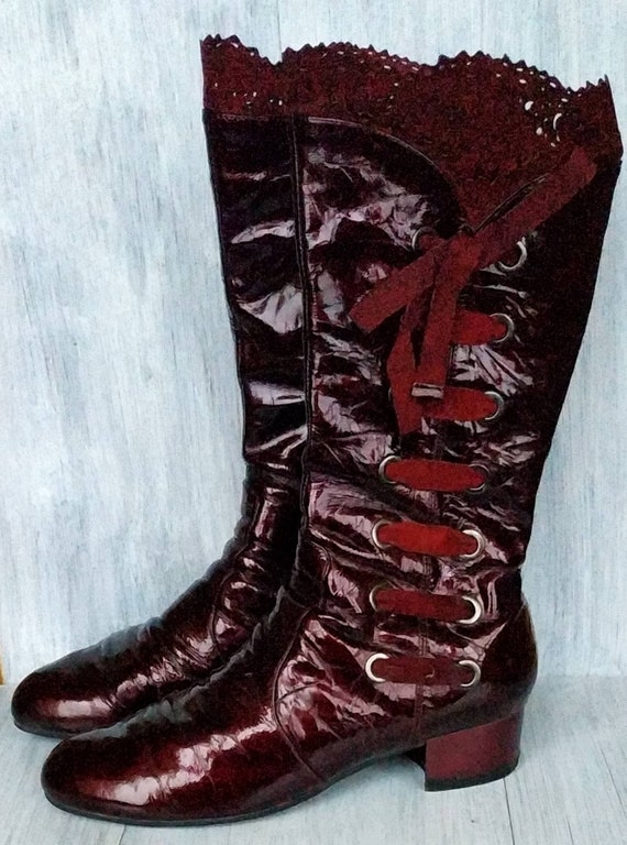 Patent Leather Berry Color Boots Side Lace-Up Boo… - image 3