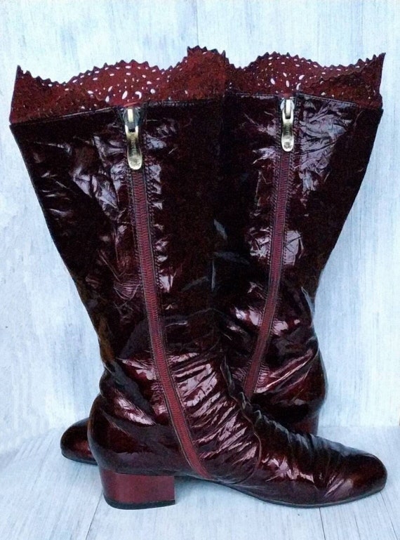 Patent Leather Berry Color Boots Side Lace-Up Boo… - image 4