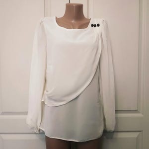 Vintage Blouse Cream Color Transparent Long Sleeve Sheer Silk Summer Blouse Romantic Chiffon Blouse Feminine Size XS Unique