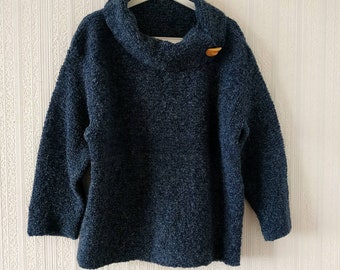 Vintage Wool Boucle Navy Blue Sweater Women Dark Blue Turtleneck Pullover Warm Knitted Pure Wool Jumper Oversize.