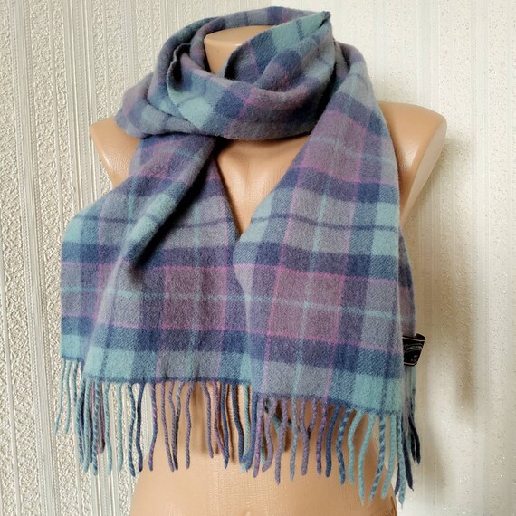Vintage blue lambswool scarf, Tartan wool scarf w… - image 8