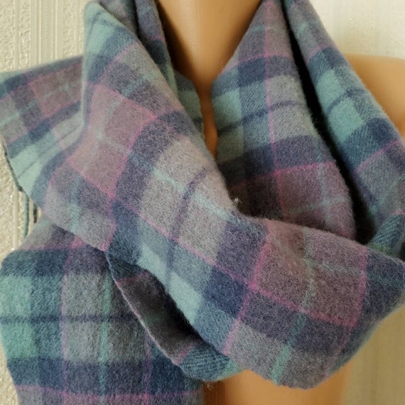 Vintage blue lambswool scarf, Tartan wool scarf w… - image 10