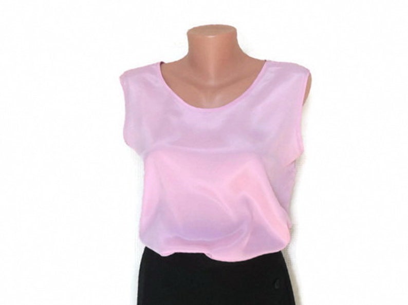 Womens blouse from poly blend Ladies pink vintage tank top 90s. Pink blouse round neck sleeveless cutout size L