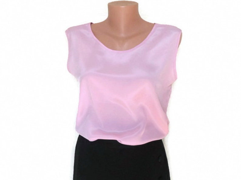 Womens blouse from poly blend Ladies pink vintage tank top 90s. Pink blouse round neck sleeveless cutout size L