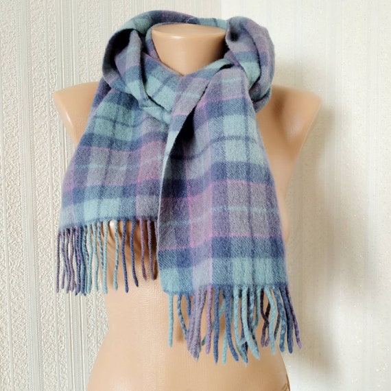 Vintage blue lambswool scarf, Tartan wool scarf w… - image 1