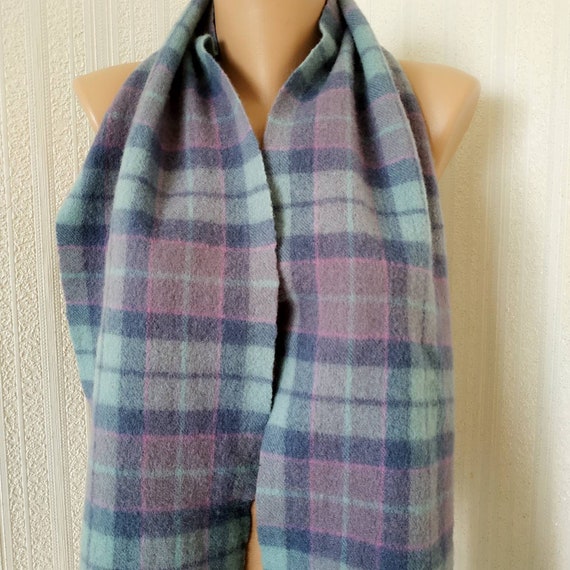 Vintage blue lambswool scarf, Tartan wool scarf w… - image 5