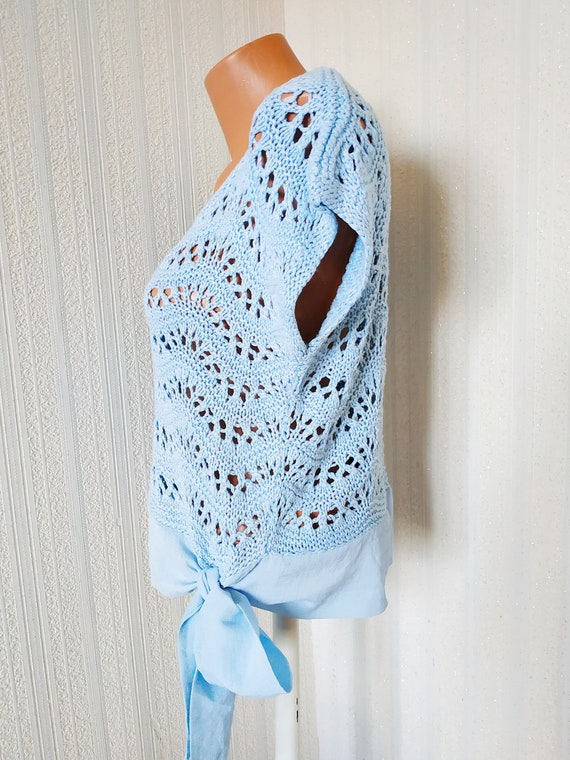 Vintage blue knit top Handmade women blouse cotto… - image 4