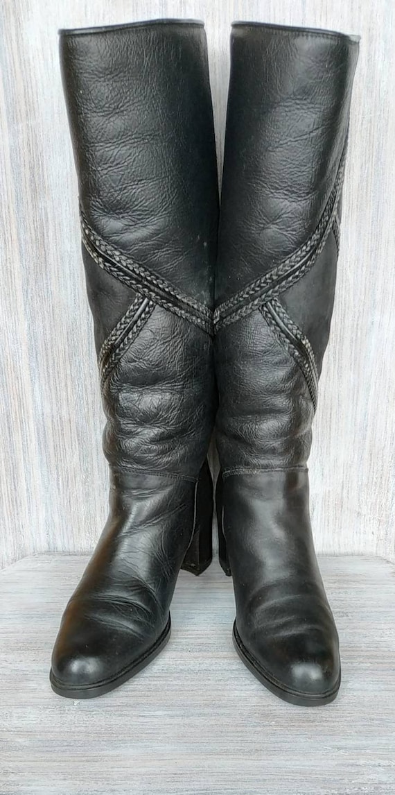 Knee high boots Leather black tall boots Vintage b