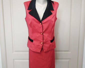 Vintage Red Vest and Pencil Skirt Set: Sleeveless Two Piece Suit, Size M