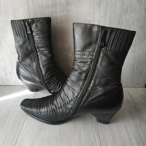 Vintage Black High Heel Boots 90s Winter Ankle Boots With Sheepskin Lining Genuine Leather Boots Woman&#39;s