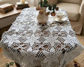 Vintage White Cotton Lace Tablecloth: Rustic Farmhouse Decor (35.4x19.7 inch)