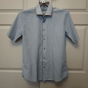 Short Sleeve Shirt Men Vintage Striped Summer Shirt Blue Beige Cotton Casual Сhecked Shirt Button Down Shirt
