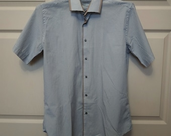 Vintage Striped Short Sleeve Shirt: Blue Beige Cotton Checkered Button-Down