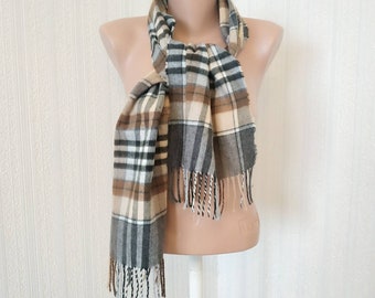 Vintage brown gray beige scarf. Soft acrylic scarf with fringe. Autumn winter scarf plaid unisex