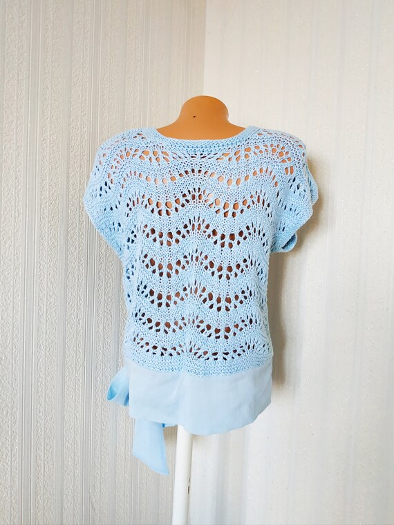 Vintage blue knit top Handmade women blouse cotto… - image 7