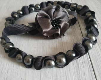 Vintage Beaded Necklace  Dark Gray Faux Pearl Necklace  Necklace Gray Ribbon with Gray Beads Holiday Choker