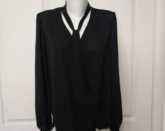 Vintage Black Chiffon Blouse: Sheer Romantic Wrap Top, US 10/EU 42