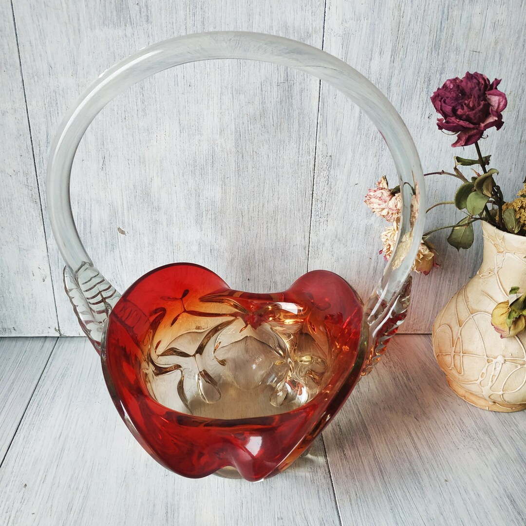 Vintage Ukrainian Glass Candy Bowl Bright Glass Fruit Bowl Red Glass
