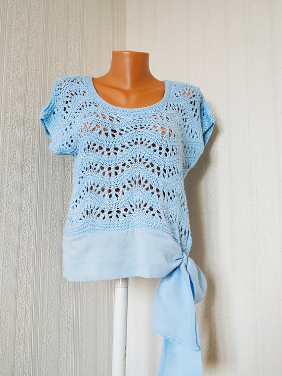 Vintage blue knit top Handmade women blouse cotto… - image 8
