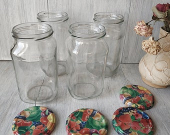 4pcs Vintage Glass Square Jars with Lid 450ml 15oz Preserve Food Jar Ukraine Rustic Home Canning Glass Vase Glass Bottle Kitchen Storage