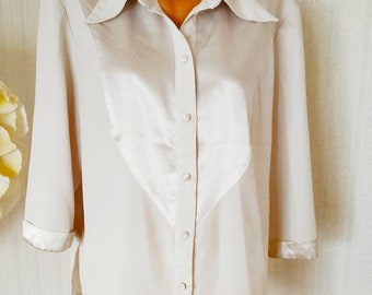 Vintage 90s blouse Women cream collared shirt Vintage loose blouse Button up blouse Polyester oversized blouse Minimalist white blouse