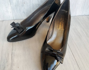 Vintage 1980er Jahre Schwarze Leder Pumps: Elegante High Heel Schuhe, Gr. 38,5