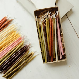 Birthday Beeswax Candles / Set of 15 / Cake Decoration Slim Candles- Celebration / Hand Dipped / pastel multi coloured / number candle