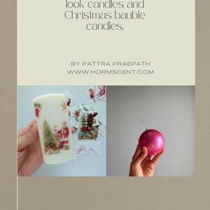 May include: The image features a tutorial on crafting ceramic-look candles and Christmas bauble candles. A white candle with Christmas-themed illustrations is held next to a pink Christmas ornament. The text on the image reads "How to craft ceramic-look candles and Christmas bauble candles."