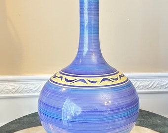 Murano Style Blue, Purple and Yellow Stripped Art Cased Glass 15" Bulb Vase Signed