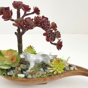 Decorative Wood Planter with Artificial Grass Succulent Plants and a Porcelain Dog