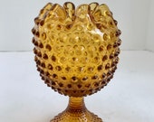 Vintage Duncan Miller Amber Hobnail Crimped Footed Vase