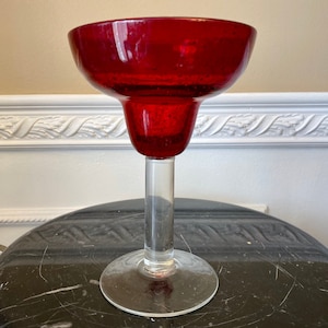 Red Bubble Art Glass Hand Blown 7 1/4" Margarita Glass With Clear Stem