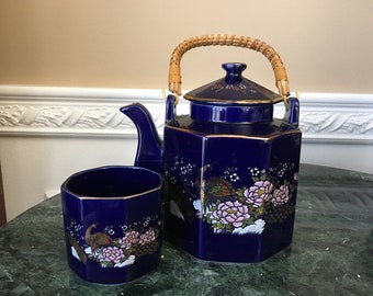Vintage Cobalt Blue 8 sided Pheasant and Flowers Japan 4 Cup Teapot with Gold Trim and Cup