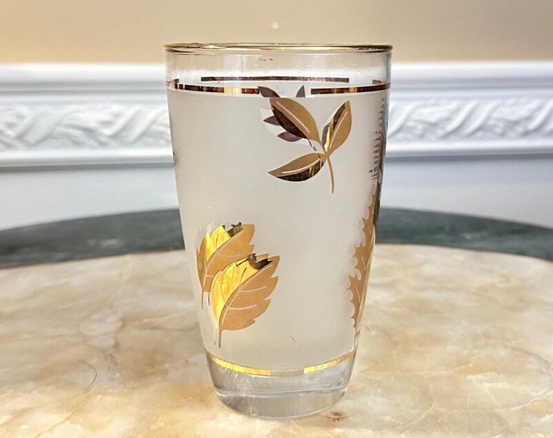 Mid Century Libbey Barware 12 Oz  Frosted Gold Leaf Cocktail/Water Glasses