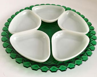 Vintage Anchor Hocking Waterford/Waffle Forest Green Relish Tray with White Glass Trays