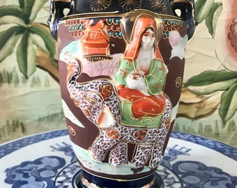 Satsuma Moriage Raised Relief Elephant and Geisha Cobalt Blue and Brown Signed Vase