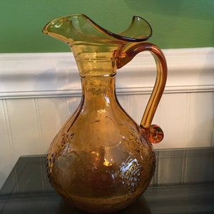 Mid Century Modern Hand Blown Amber Glass 48 Ounce Grape Pitcher