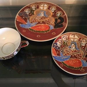 Japanese Geisha Lithophane Kutani Moriage Brown Immortals Tea Cup & Saucer Set