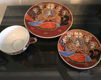 Japanese Geisha Lithophane Kutani Moriage Brown Immortals Tea Cup & Saucer Set