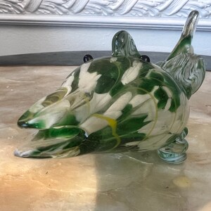 Murano Style Cased Art Glass 9&quot; Wide Green White Dolphin/Porpoise