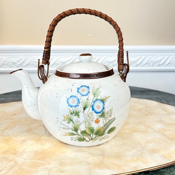 Vintage Porcelain White and Blue Flower Teapot with Bamboo Wicker Handle