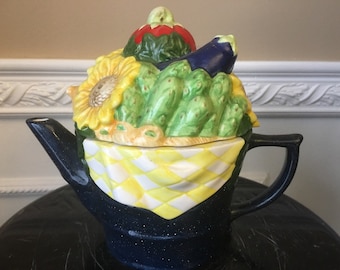 Vintage Ceramic Basket with Vegetables and Flowers Decorative Teapot