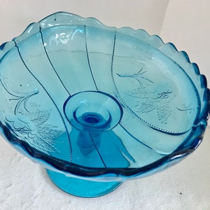 Aqua Blue Glass Oval Roses Pedestal Compote