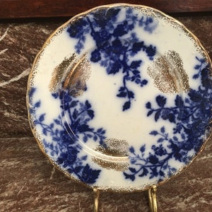 Antique Semi Porcelain 10&quot; Flow Blue Plate With Gold Highlights