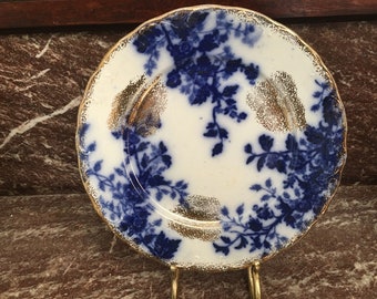 Antique Semi Porcelain 10" Flow Blue Plate With Gold Highlights