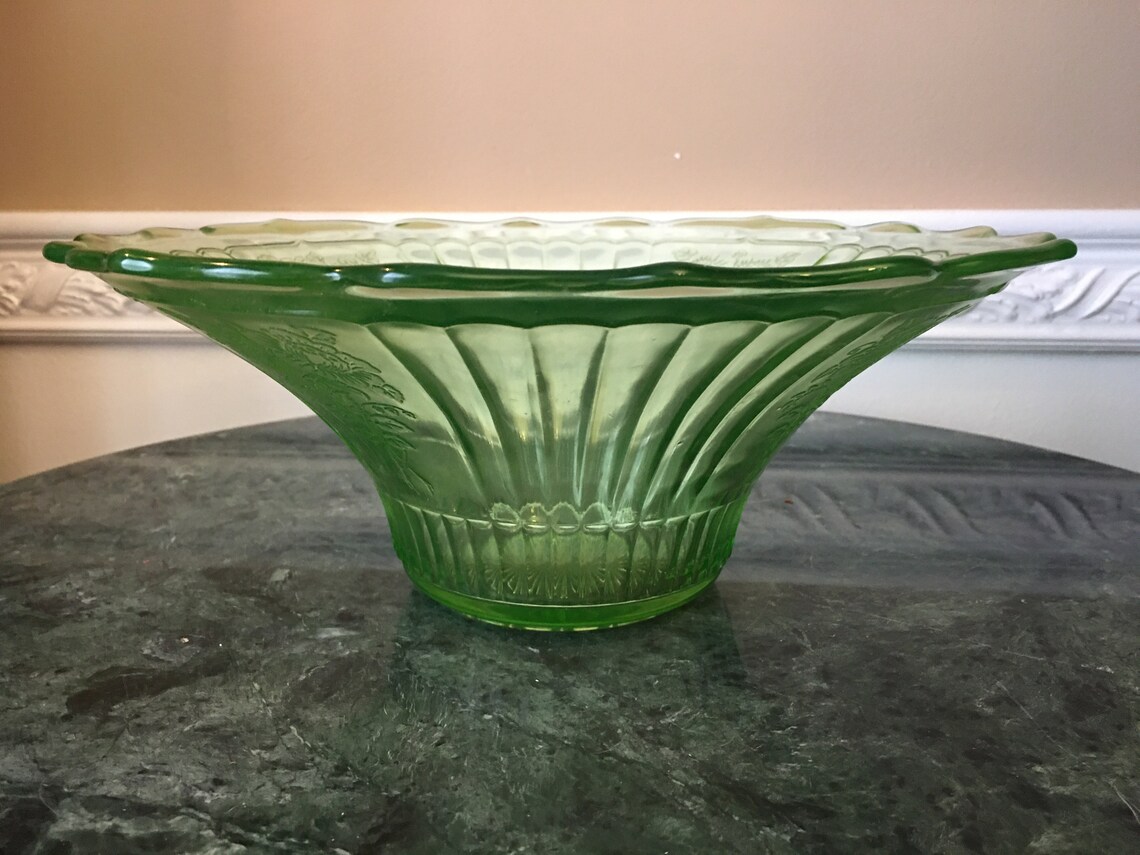 Vintage Green Vaseline Glass 11 Bowl with Etched Flowers Etsy