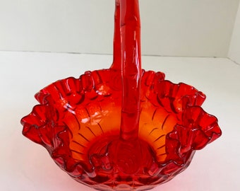 Vintage Fenton Thumbprint Amberina Basket with Ruffled Edges